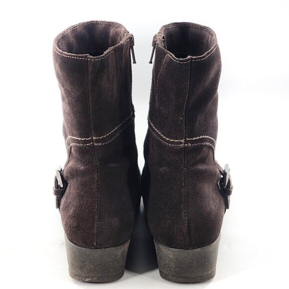 LA CANADIENNE Waterproof Suede Ankle Bootie Square Toe Low Wedge Brown - Picture 5 of 9